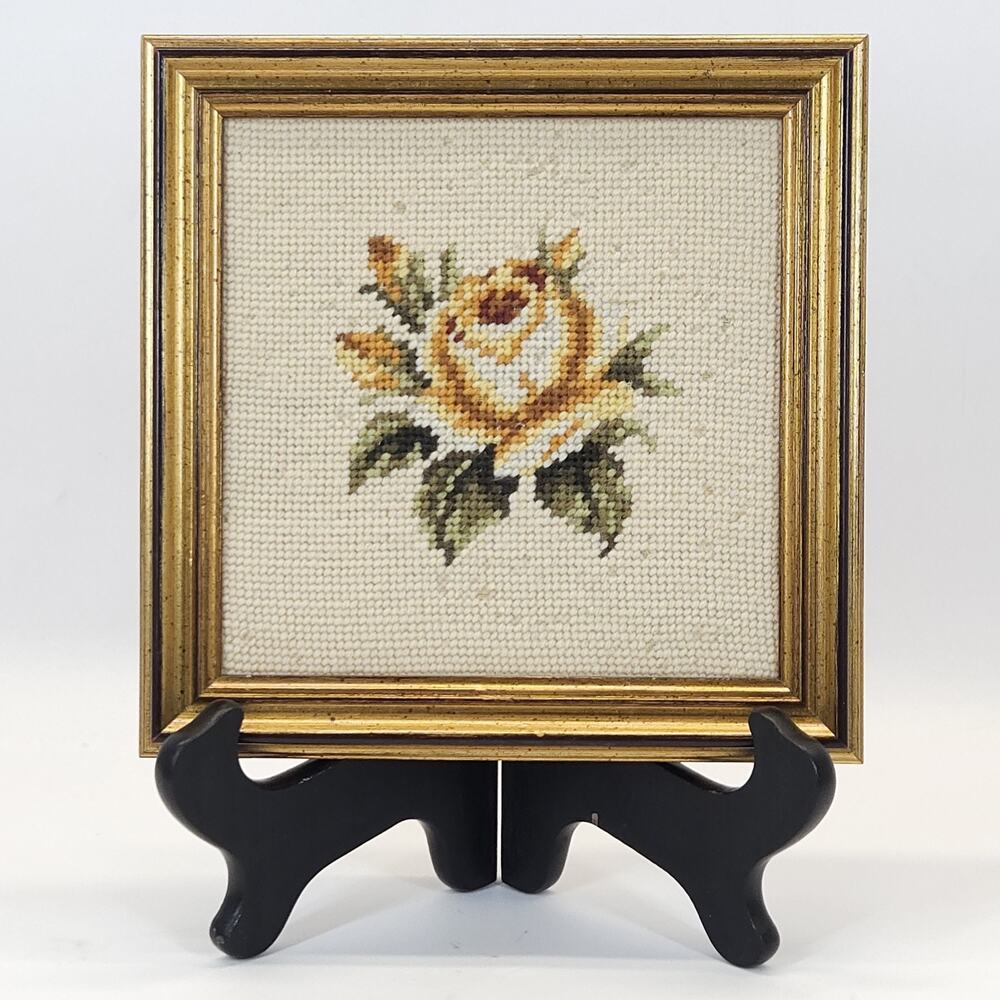 VTG Framed Floral Needlepoint Rose Bouquet Wall Art Cottage Shabby PAIR 8.75" - Picture 4 of 8